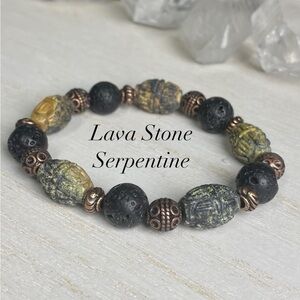 Lava Stone and Etched Serpentine Gemstone Stretch Bracelet